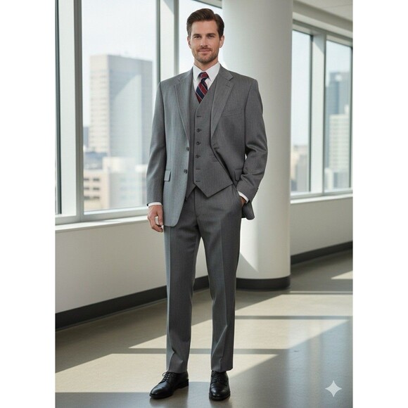 Vintage Ralph Lauren Chaps Gray Herringbone Wool 3pcs Men Suit 42R 36x30 Classic